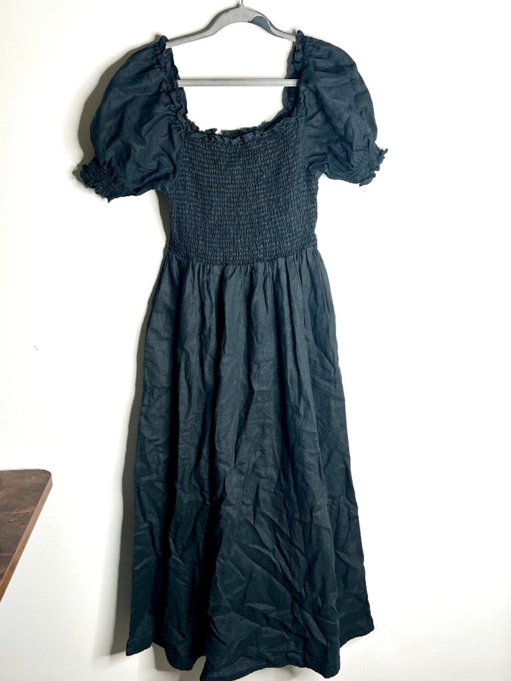 Boden Sky Smocked Linen Midi Dress Black Granola Girl Flowy Minimalist Sz 8R